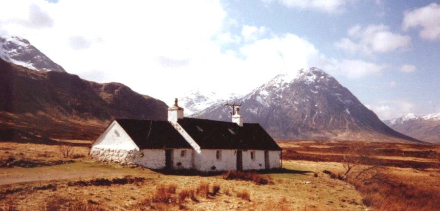 The West Highland Way - Black Rock Cottage and Buachaille Etive Mor in Glencoe in the Western Highlands of Scotland