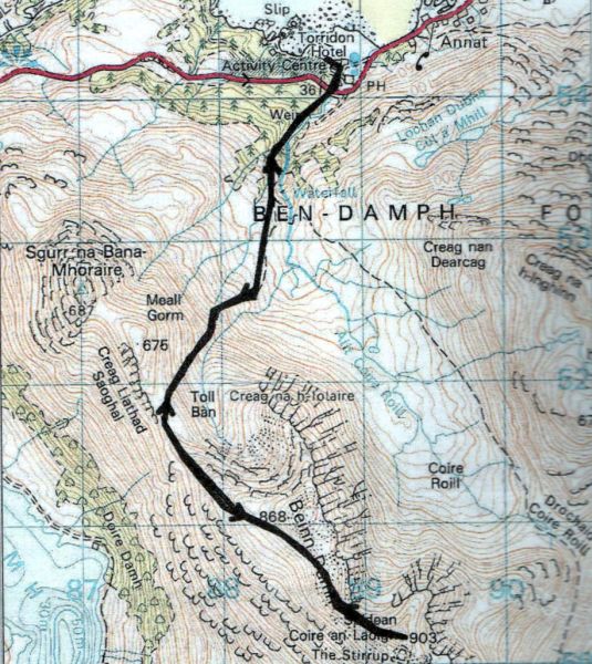 Ascent route map for Beinn Damh in the Torridon region of the North West Highlands of Scotland