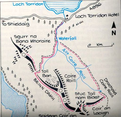 Ascent route map for Beinn Damh in the Torridon region of the North West Highlands of Scotland