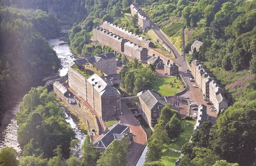 Aerial view of New Lanark on River Clyde in Scotland