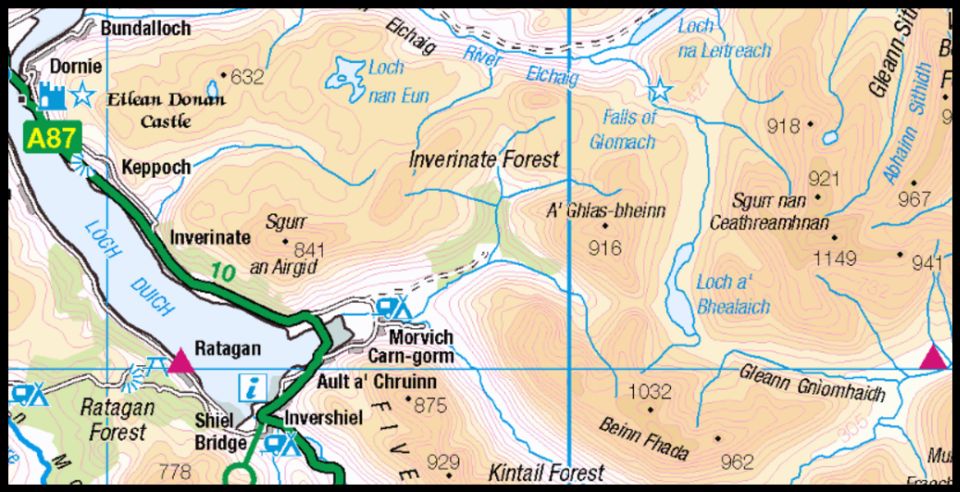 Map of Beinn Fhada ( Attow ), A' Ghlas Bheinn and Sgurr nan Ceathreamhnan