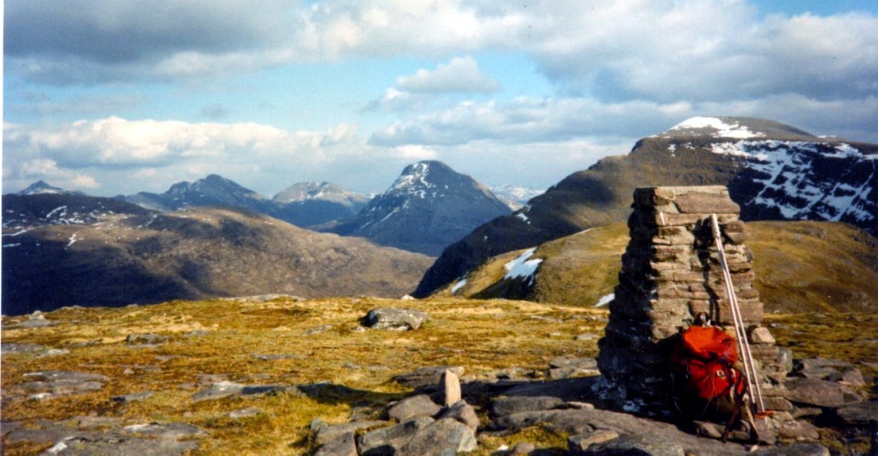 Trig Point on the Corbett Beinn Damh in the Torridon Region of the NW Highlands of Scotland