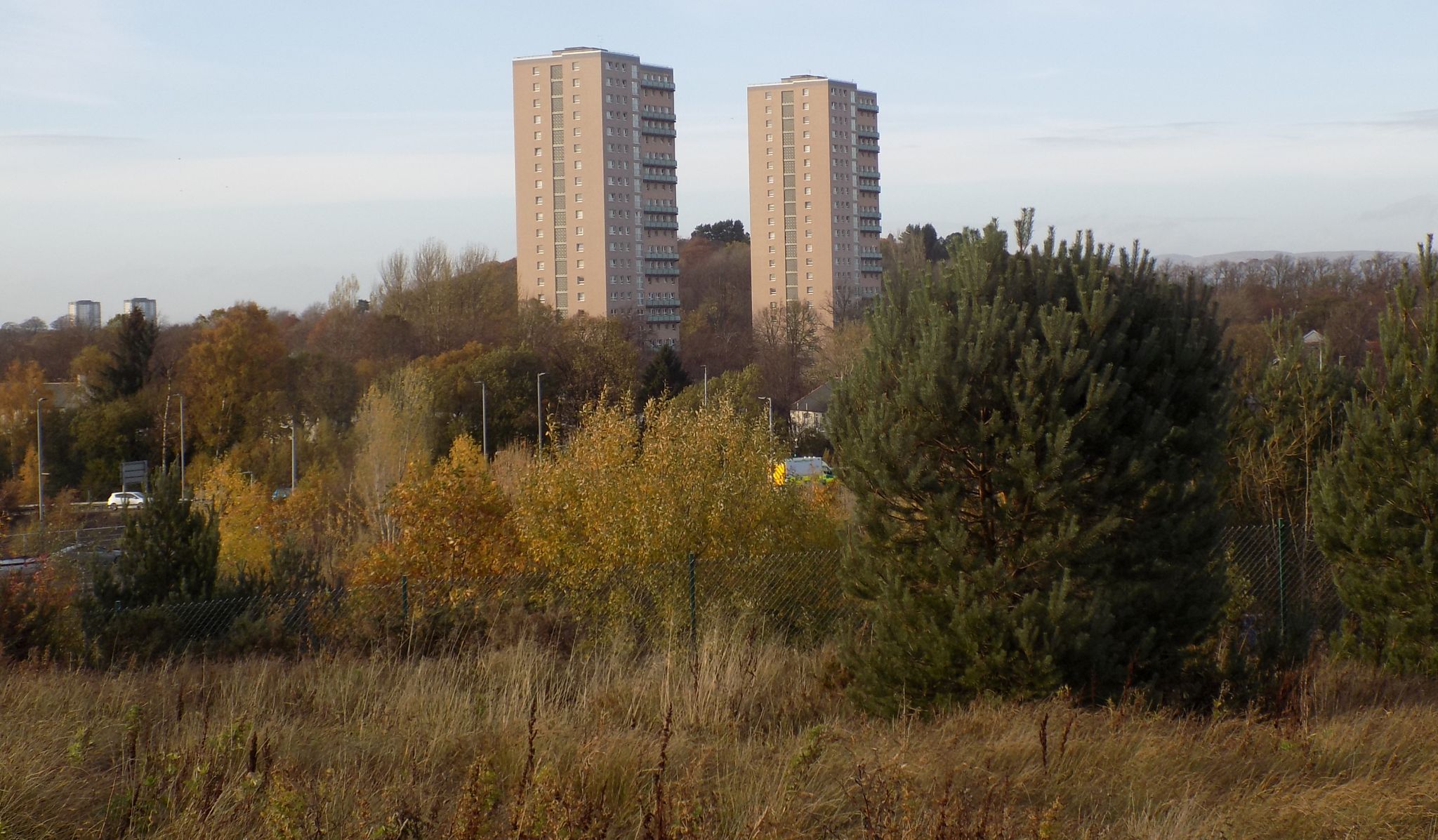 High Rise buildings from the walkway alongside the M77 from Pollok Country Park