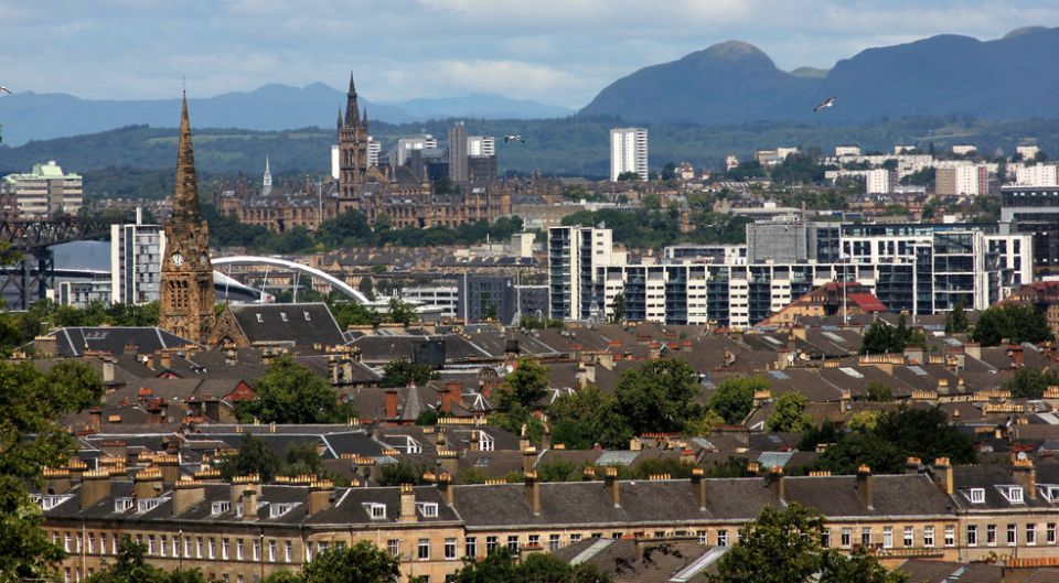 Spire of St.Judes Church and Glasgow University from the Flagpole on Queen's Park Hill