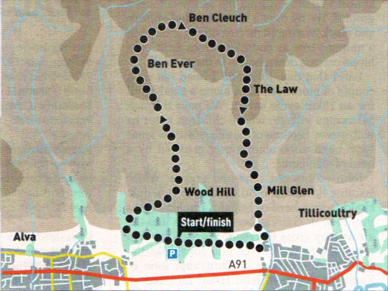 Route Map for Ben Cleuch in the Ochil Hills
