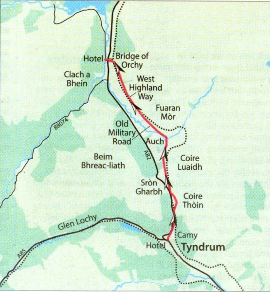 Route map of West Highland Way from Tyndrum to Bridge of Orchy