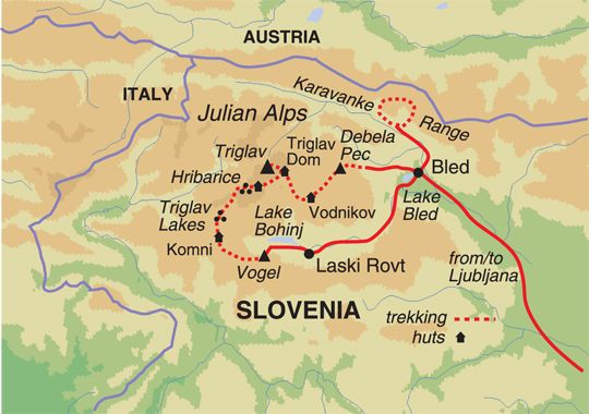 Map of Triglav Region of the Julian Alps in Slovenia