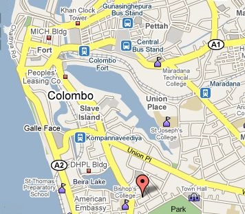 Map of Colombo showing location of Town Hall