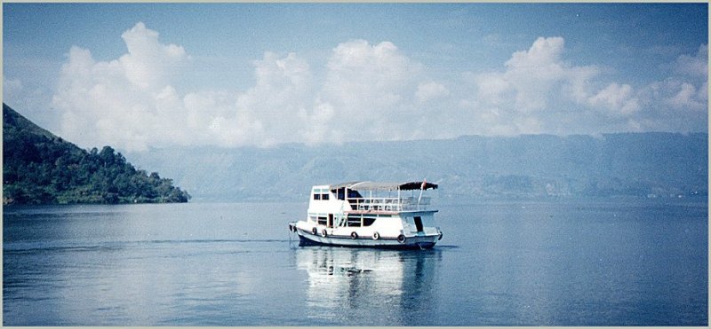 Ferry approaching Pulau Samosir in Lake Toba, Sumatra