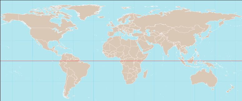 World Map showing countries crossed by the Equator