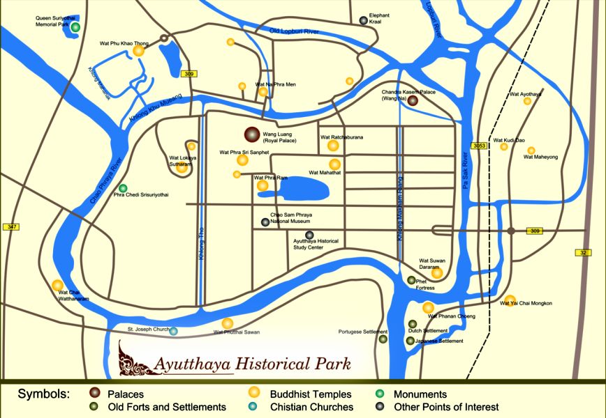 Temple Map of Ayutthaya in Northern Thailand
