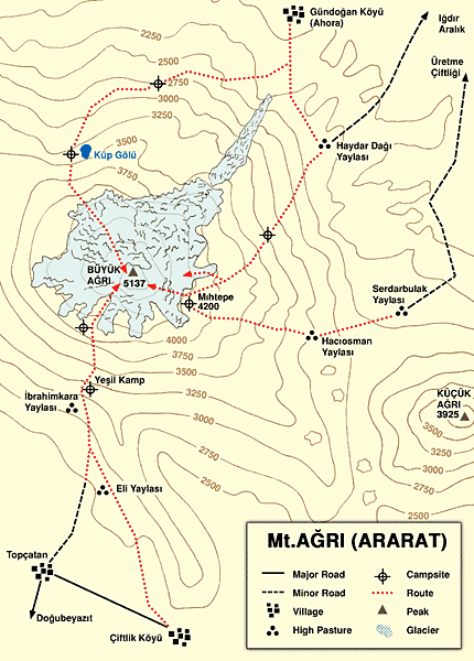 Ascent Route for Mount Ararat ( Agri Dag ) 5165 metres - highest mountain in Turkey