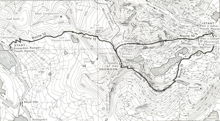 Map of ascent routes on Snowdon