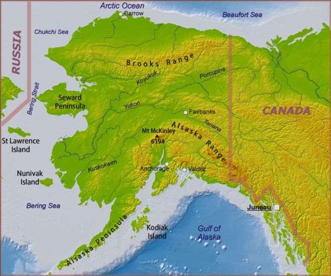 Physical Map for Denali ( Mount Mckinley ) in Alaska - the highest mountain in the USA and North America