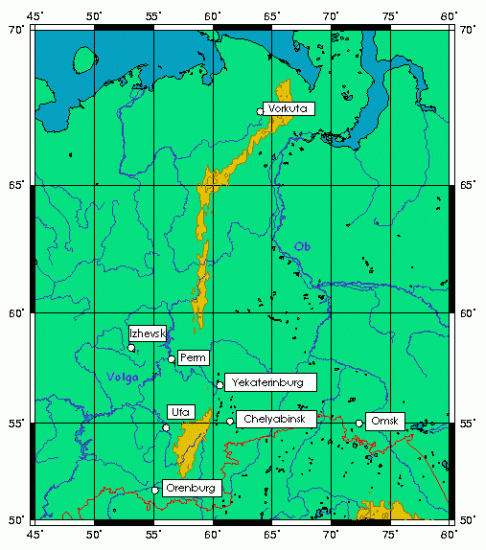 Location Map for the Ural Mountains