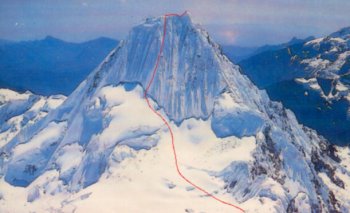 Ascent route on Alpamayo in Andes of Peru