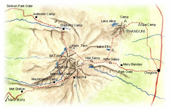 Mount Kenya - map of access routes