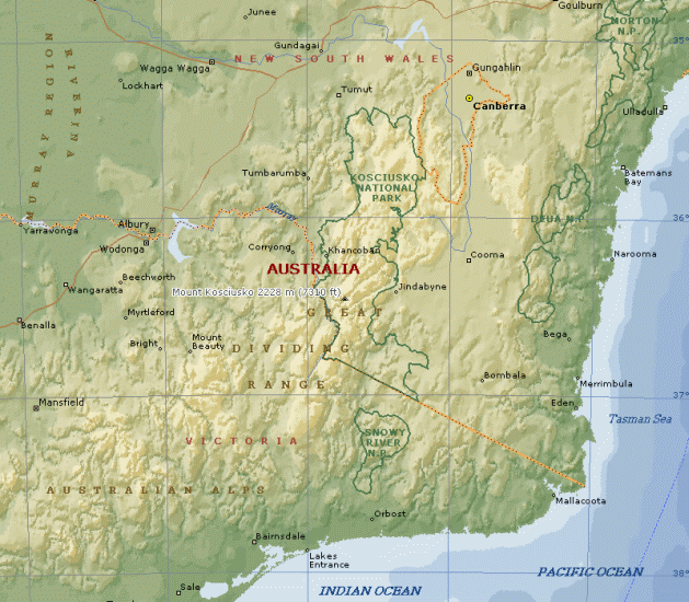 Location Map for Mount Kosciusko , Snowy Mountains, Australia