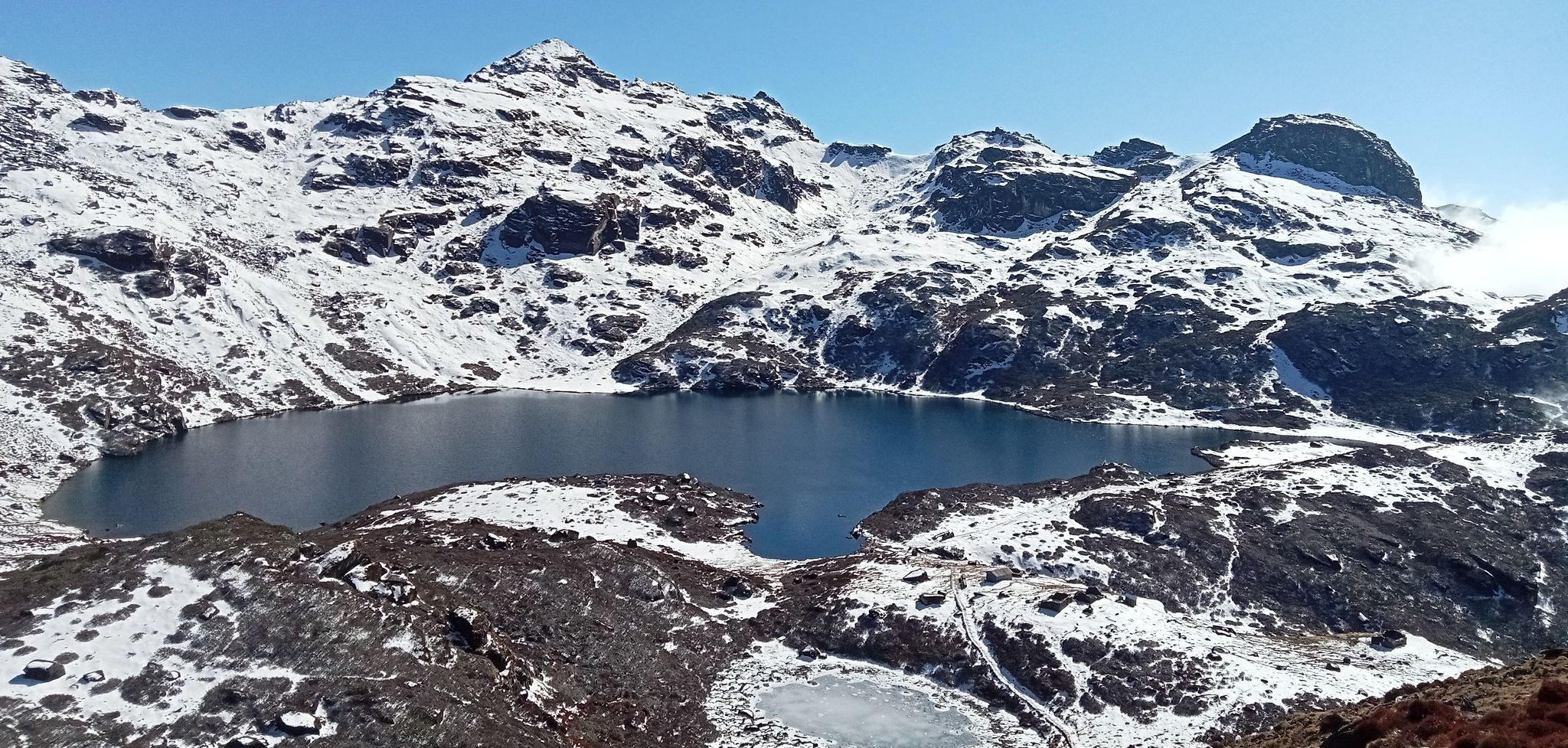 Pokhari on crossing Shipton La on route to Barun Valley / Makalu Base Camp