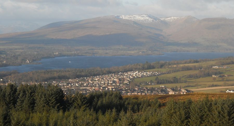 Luss Hills, Loch Lomond and Alexandria on descent route from Pappert Hill