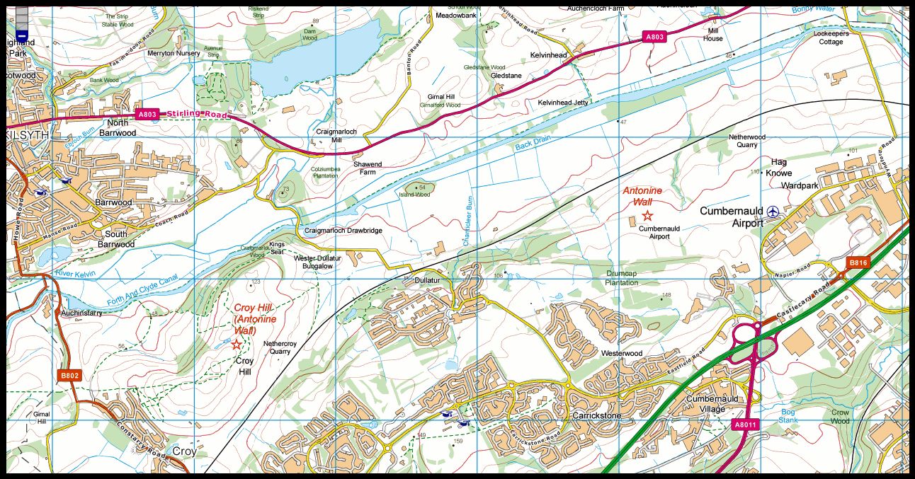 Map of Antonine Wall from Croy Hill to Tollpark at Cumbernauld
