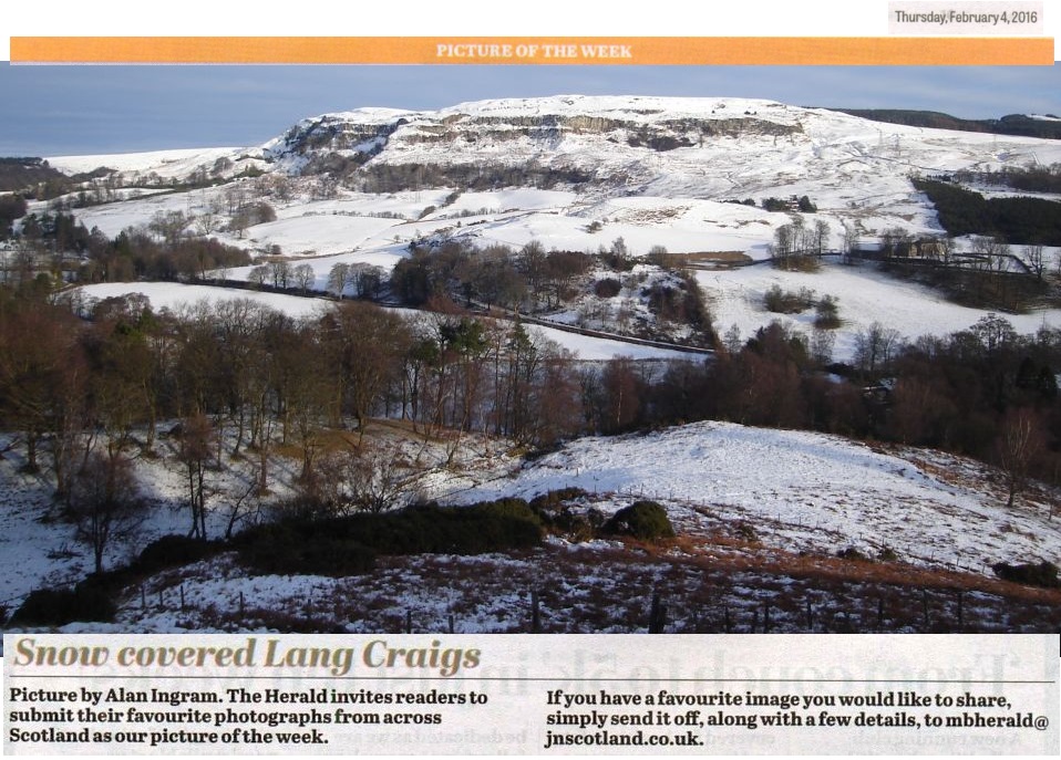 Snow-covered Lang Craigs on Kilpatrick Hills