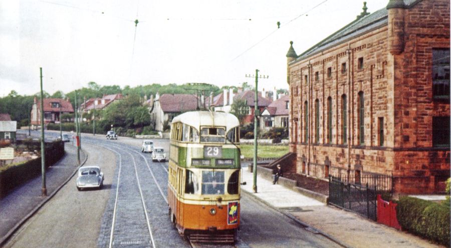 Tramcar passing Kessington Hall in 1955