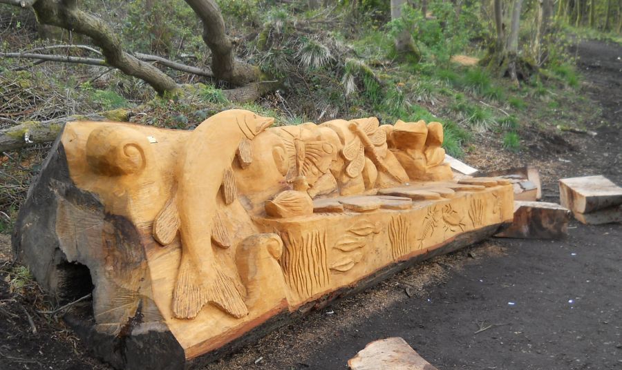 Carved Beech Log Bench at Kilmardinny Loch in Bearsden