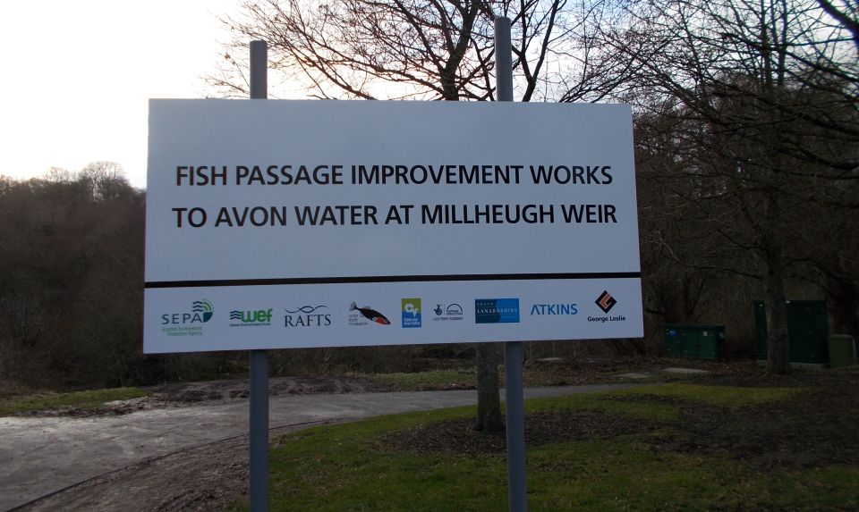 Sign Board at Millheugh Weir River Avon in Larkhall
