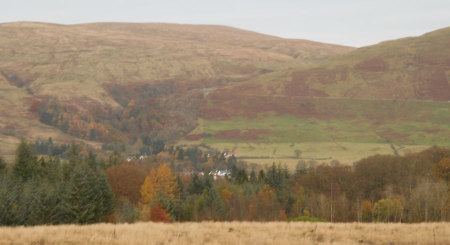 Campsie Glen and the Crow Road over the Campsie Fells above Lennoxtown