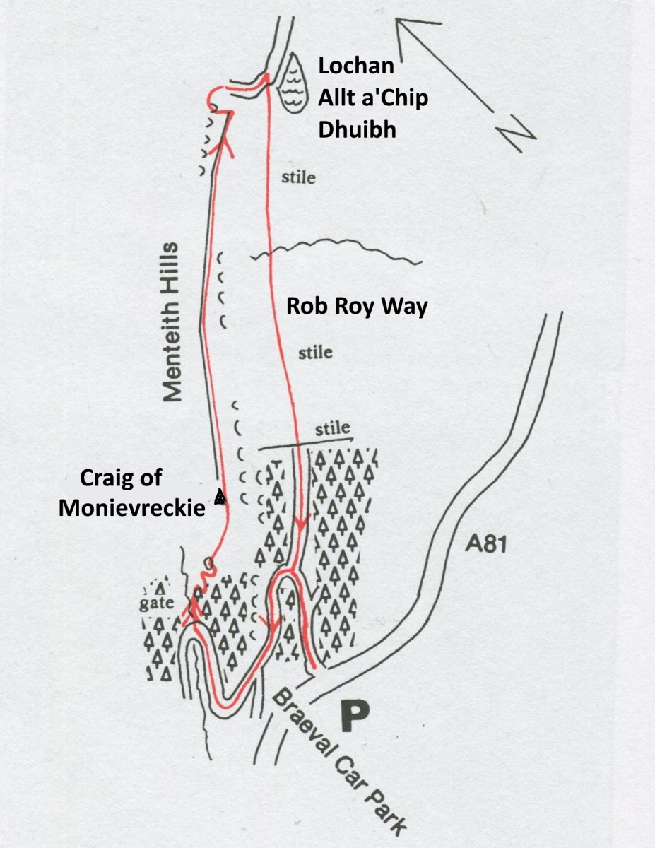Route Map for Craig of Monievreckie in the Menteith Hills