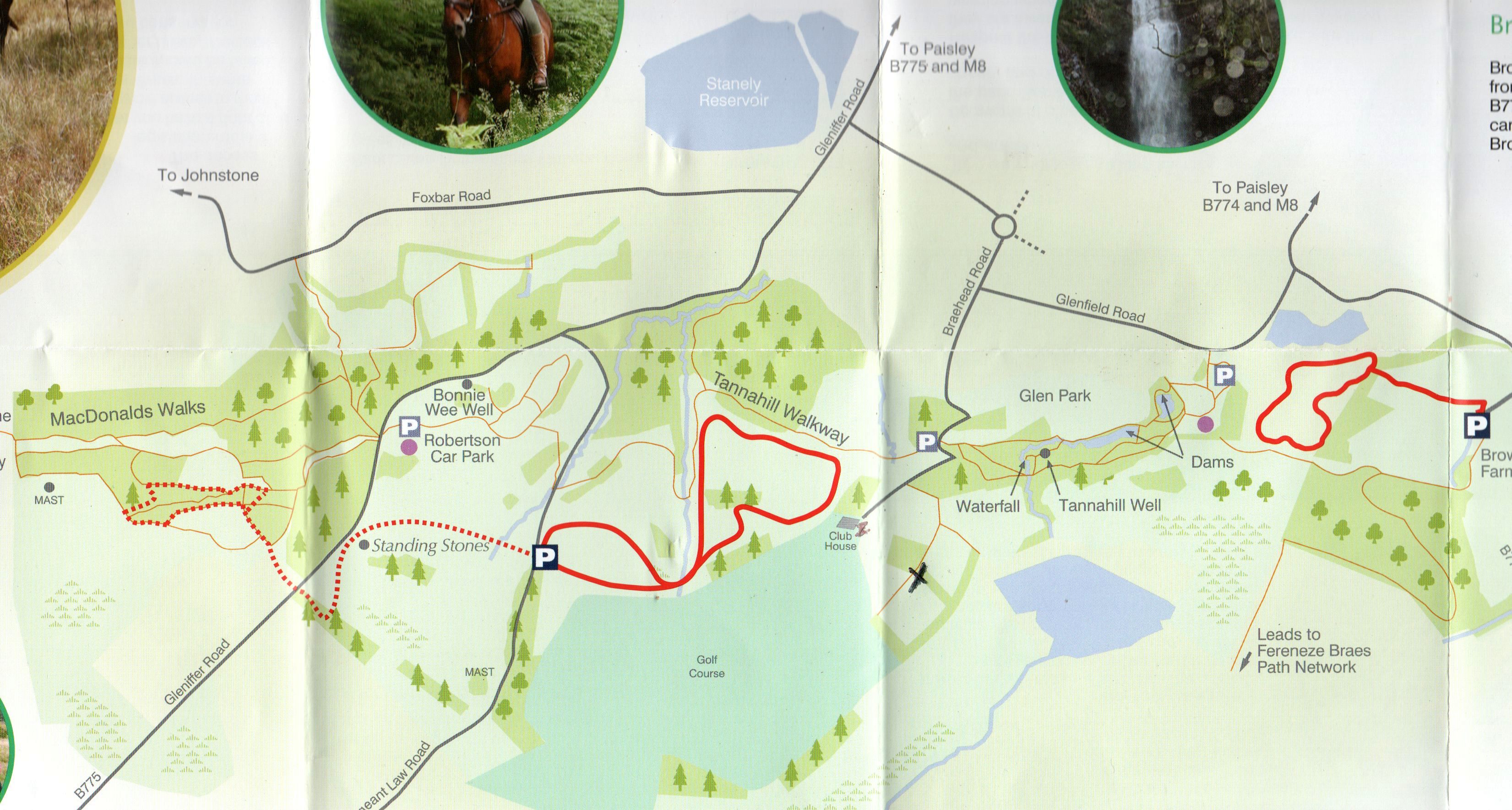 Map of Gleniffer Braes Country Park on the southern outskirts of Paisley